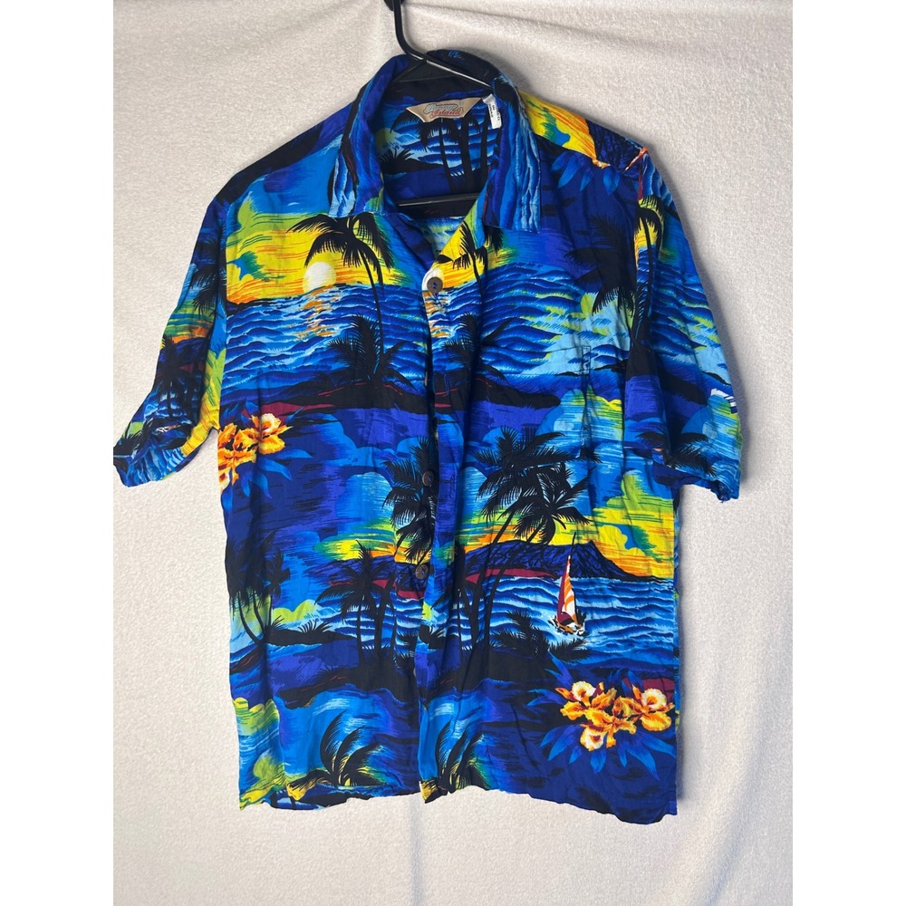 Sunny Island Mens Hawaiian Shirt Blue Tropical Sunset Palm Tree Button Up small